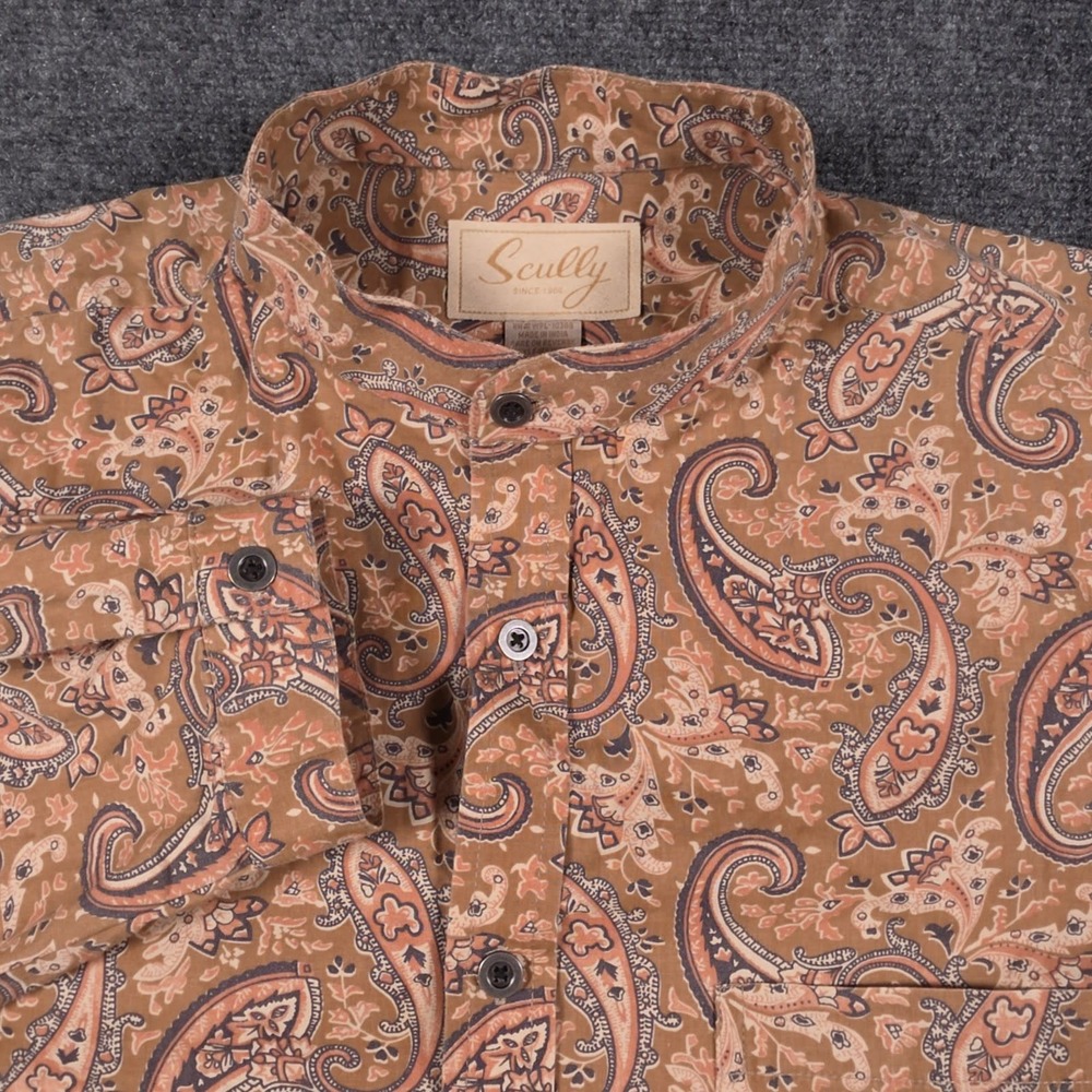 Scully Western Shirt Mens L Brown Paisley Band Collar Long Sleeve Button Up